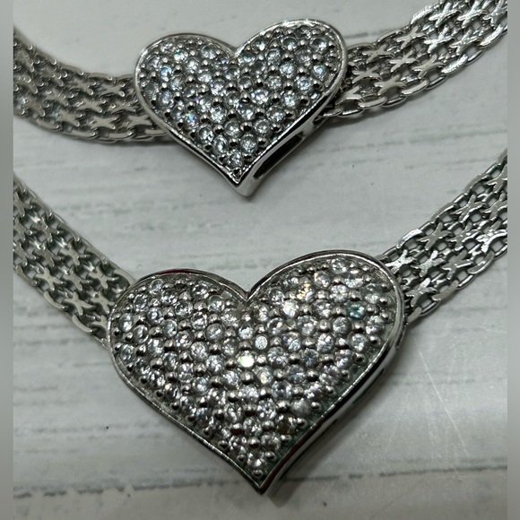 2 set match NWOT 925 Italy sterling  CZ heart charms wide necklace & bracelet - Picture 3 of 8